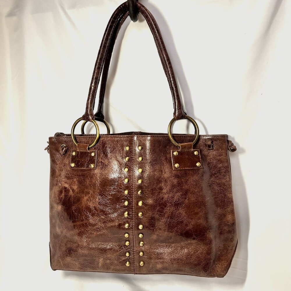 Sorpresa! Brown Soft Leather Distressed Antique Gold Studded Purse/Tote-Large